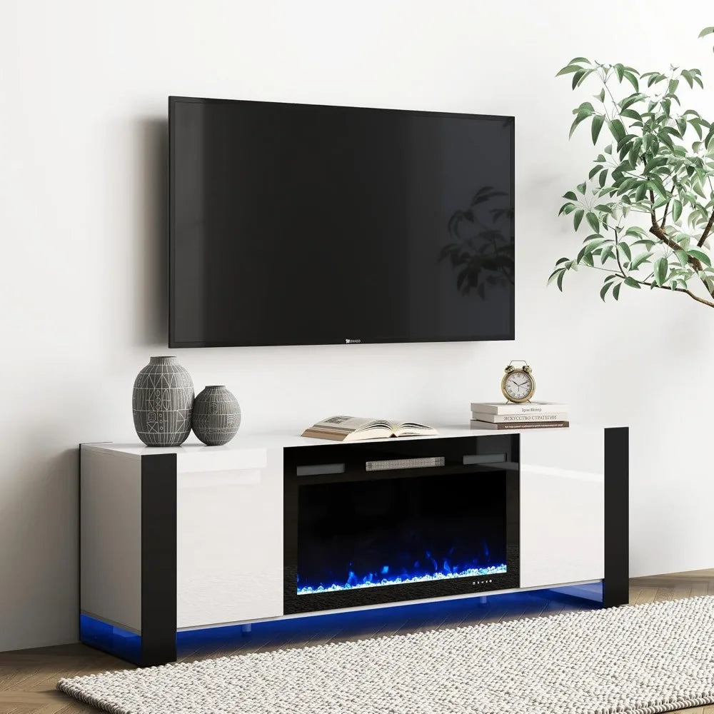 70" U-Shaped Leg TV Stand with 36" Electric Fireplace, High Gloss Finish Entertainment Center for TVs Up to 80", TV C