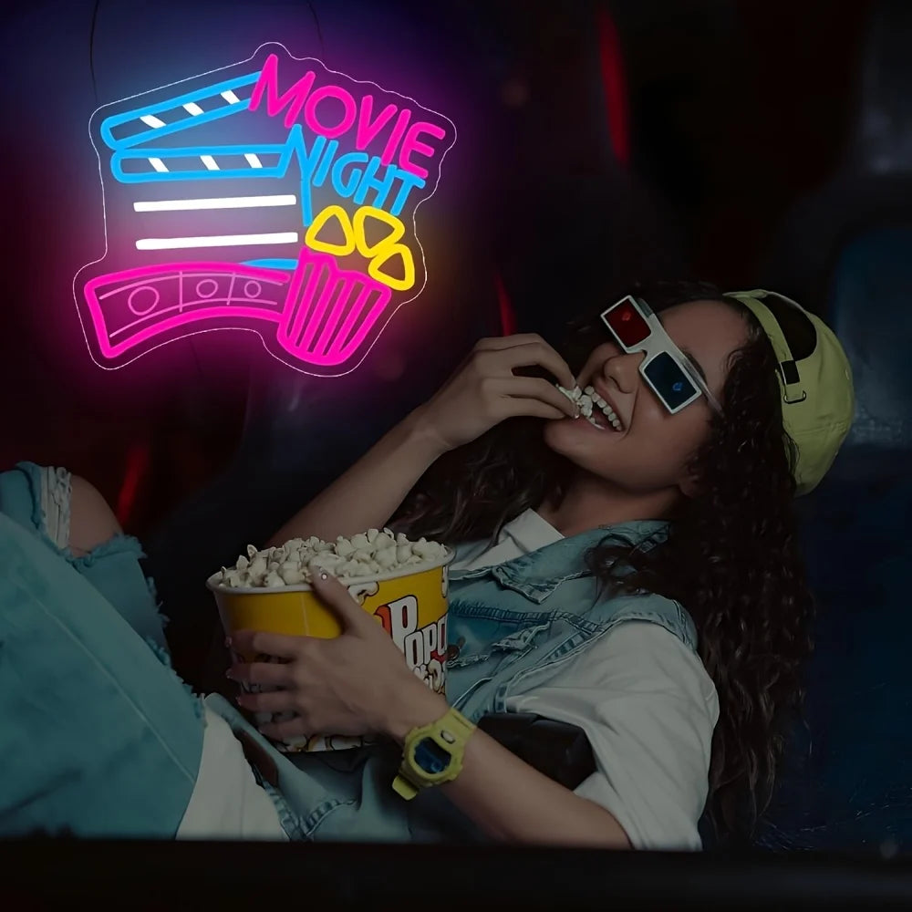 Movie Night LED Neon Sign Popcorn Neon Light for Gameroom Bedroom Bar Livingroom Birthday Party USB Dimmable Wall Decor Gift