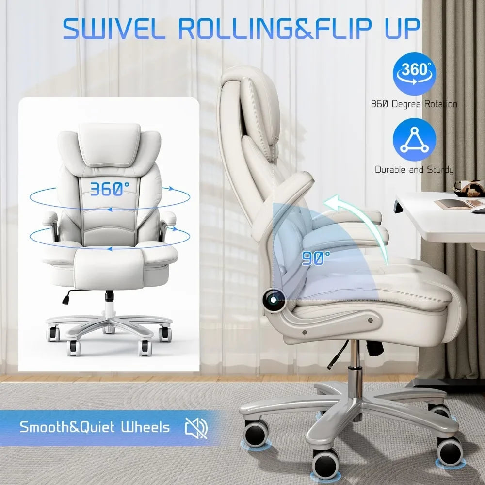 GYI Big and Tall Office Chair 400lb Wide Seat, Ergonomic High Back Leather Executive Desk Chair with Flip-up Arms, White