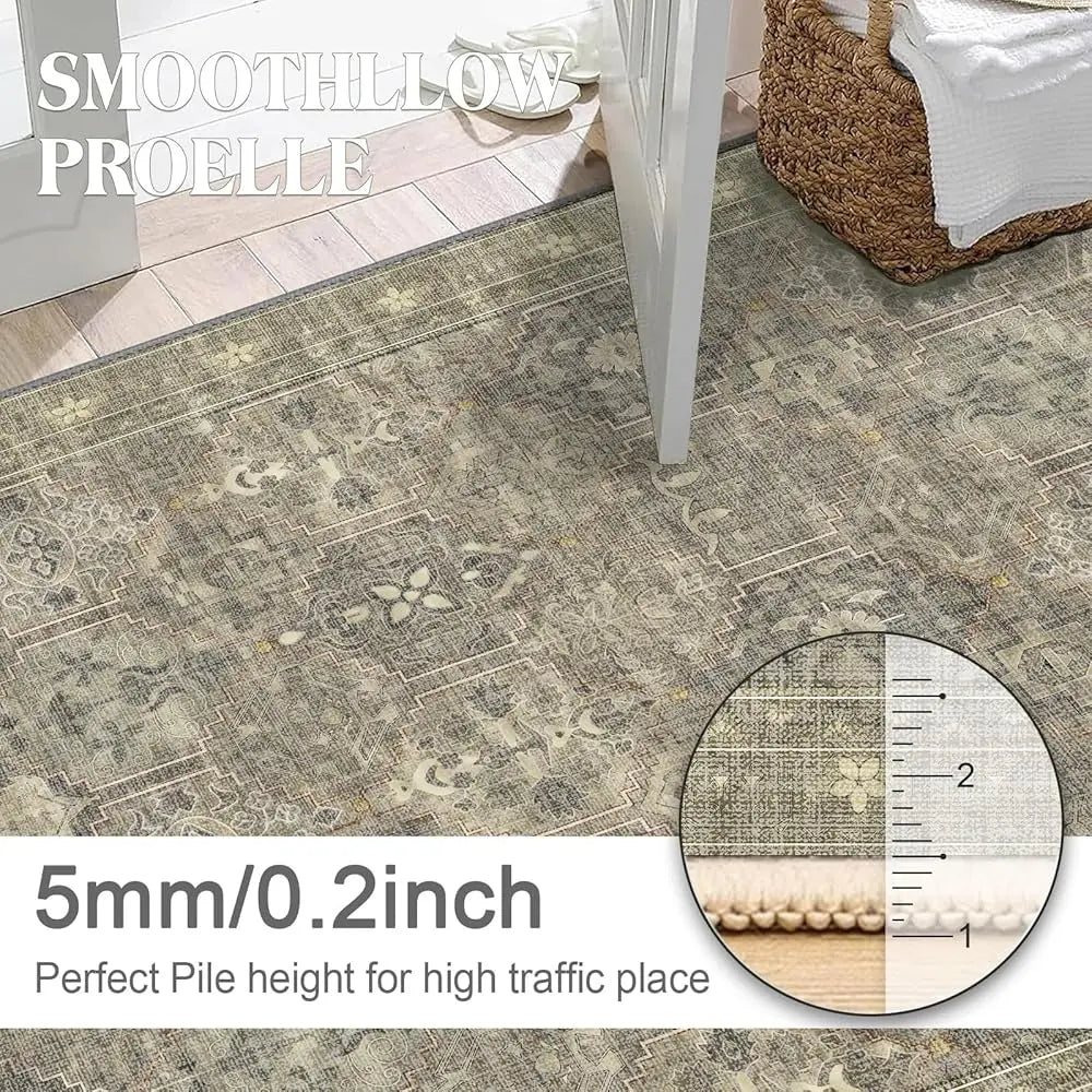 3X5 Washable Rug Persian Floral Small Area Rugs Washable Non-Slip Throw Rug Low Pile,Ultra-Thin Polyester Under Table Carpet