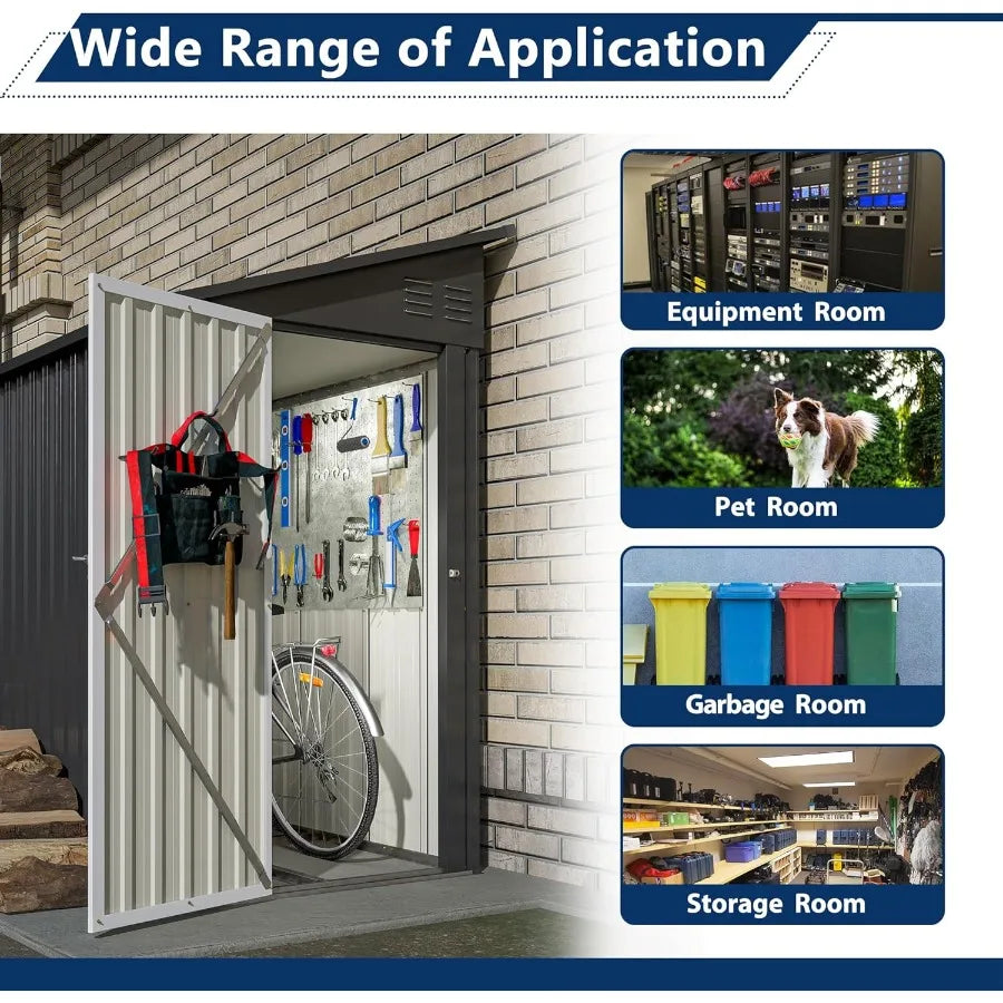 4' x 8' Metal Wall Side Storage Shed for Outdoor Use in Garden Backyard and Patio Durable Black Outdoor Storage Cabinet with