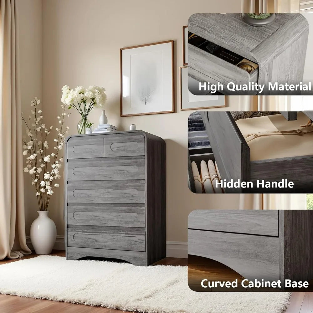 Grey Dresser for Bedroom with 6 Drawers, Tall Dressers & Chest of Drawers with Curved Profile Design, Farmhouse Wood Closet Clot