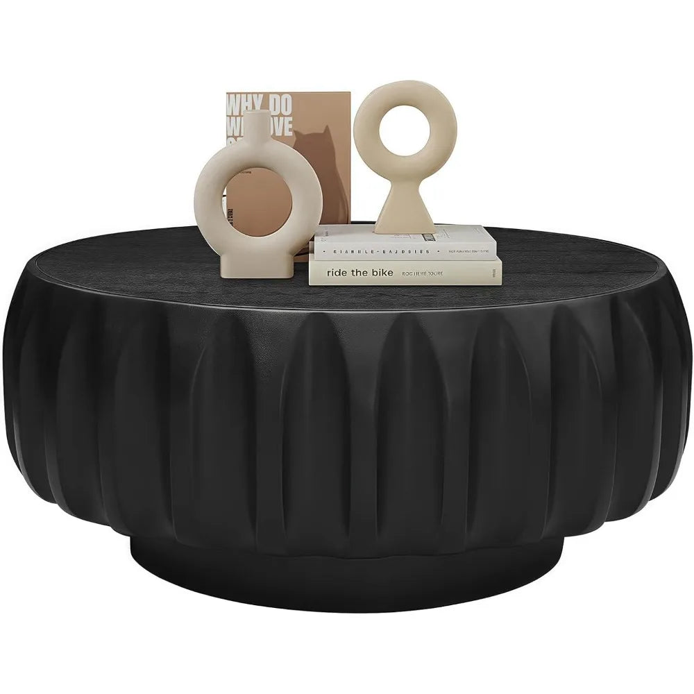 31.5” Round Black Coffee Table – Mid-Century Modern Solid Wood Fluted Center Table