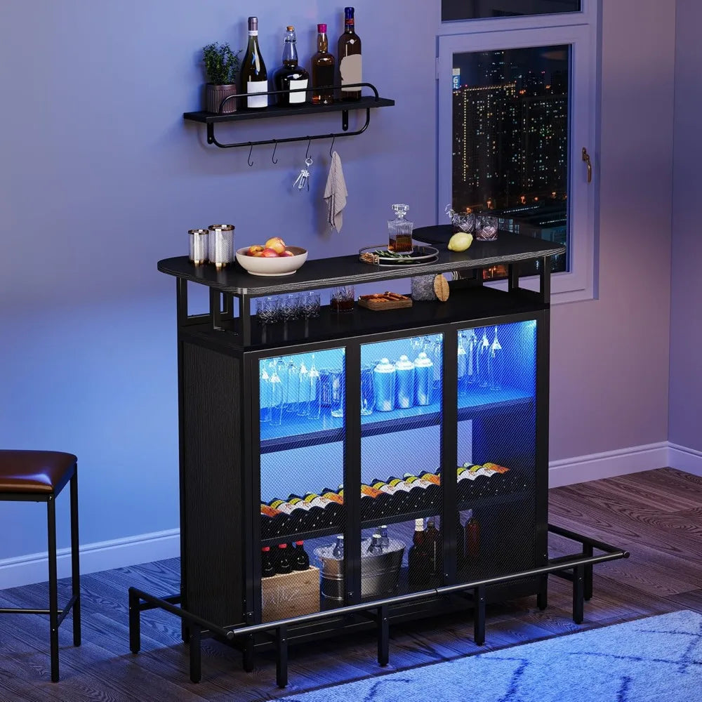 Mini Home Bar Unit – Tall Bar Table with Wine Rack & Music-Sensing LED Lights