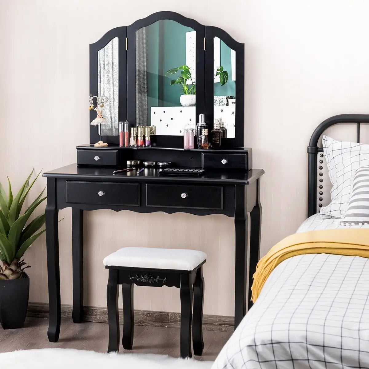 Vanity Set with Tri-Folding Mirror, 4 Drawers, Cushioned Stool - Modern Makeup Table for Girls & Women (Black)