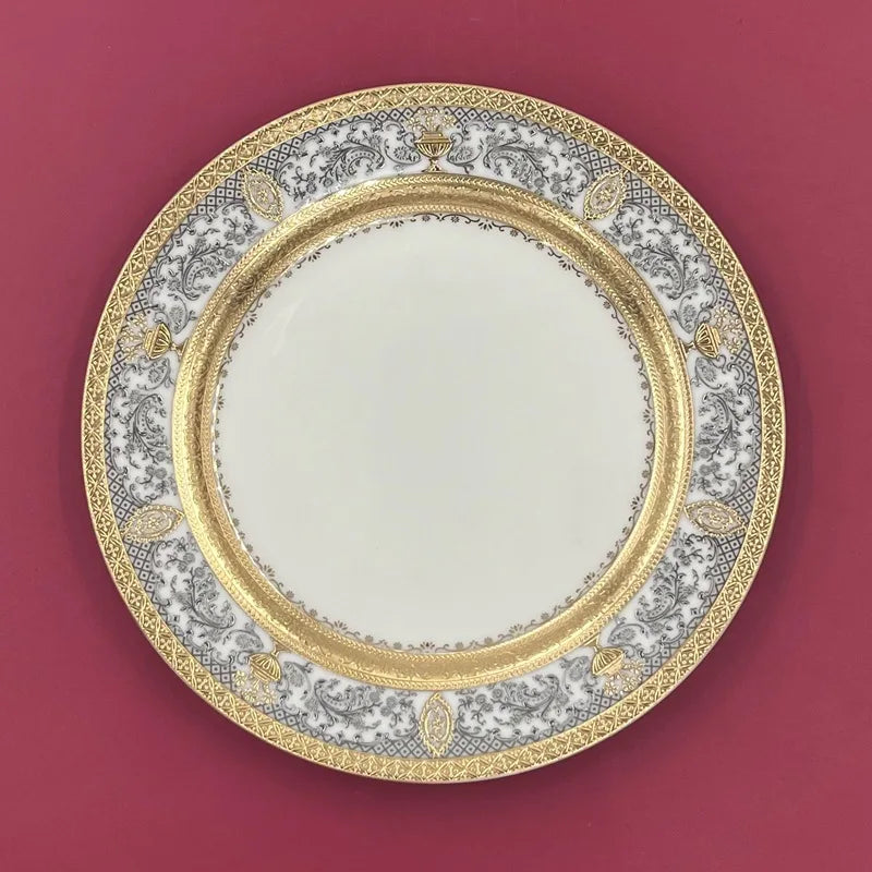 7″ Embossed Disc Bone Plate with Gold Edge – Light Luxury Dinner & Dessert Plate