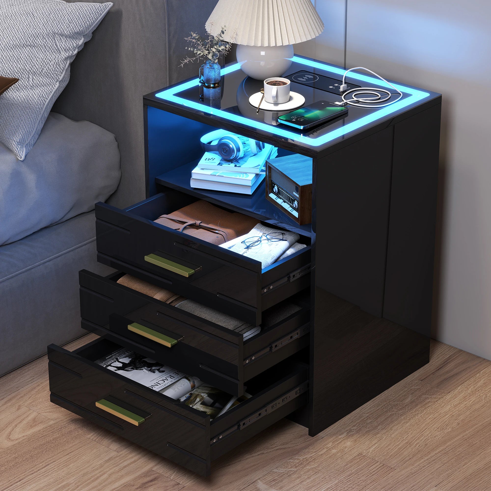 JDPAG LED Bedside Table with Charging Station, High Gloss Nightstand with 3 Drawers, 3 Color Dimmable Light Modern Smart Night