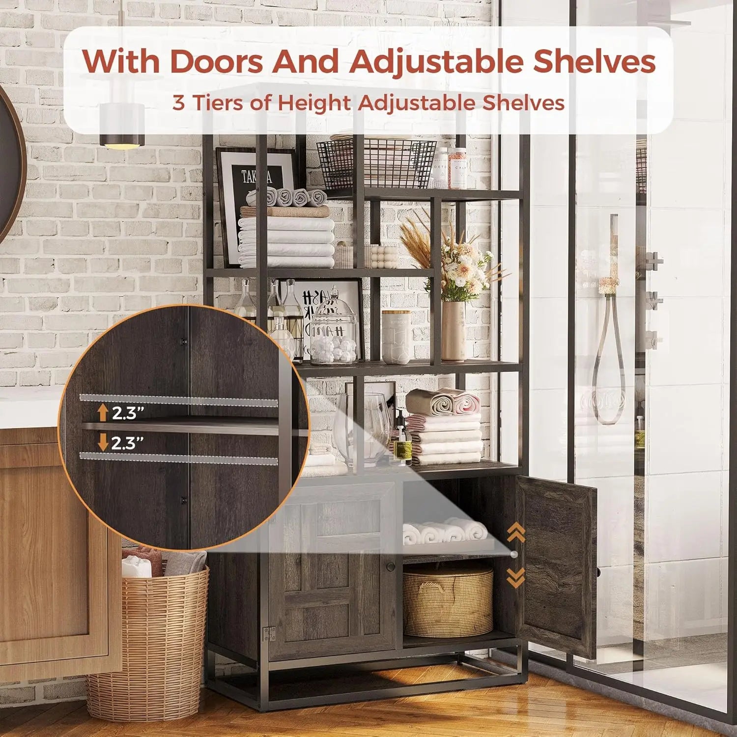 6-Tier Geometric Bookshelf with Doors – 35.4″ Wide Storage Bookcase