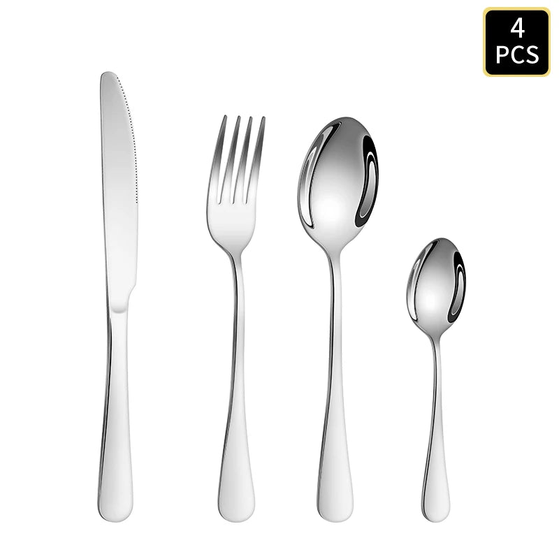 4/6/16/24pcs Silver stainless steel cutlery 1010 round handle knife, fork and spoon cutlery set suitable for family dinner hotel