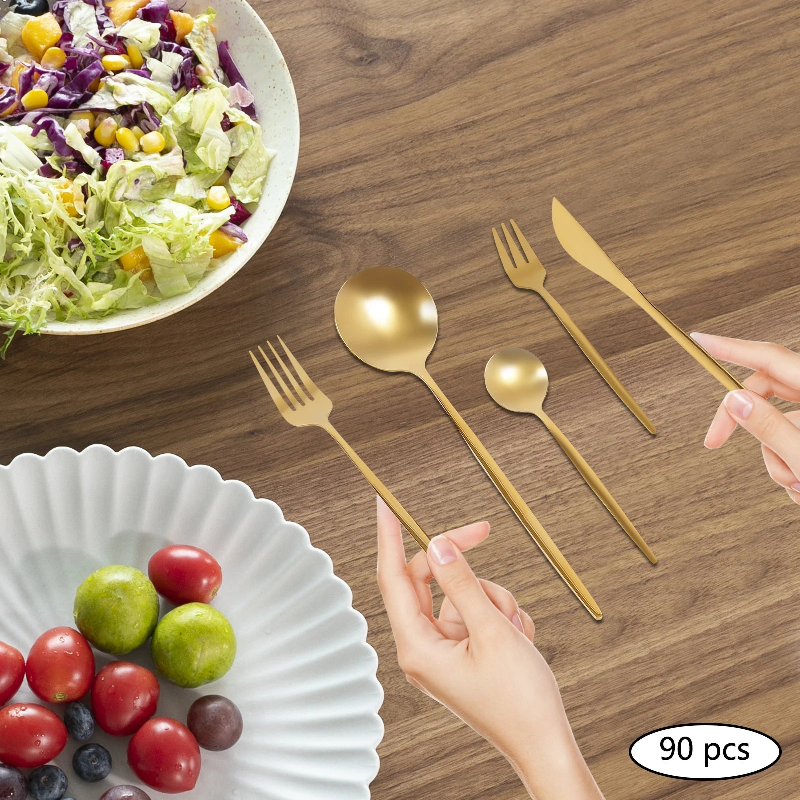 90 Pcs Gold Flatware Set Stainless Steel Silverware Utensil Kitchen Tableware Forks Knives Spoons Cutlery for Home Restaurant
