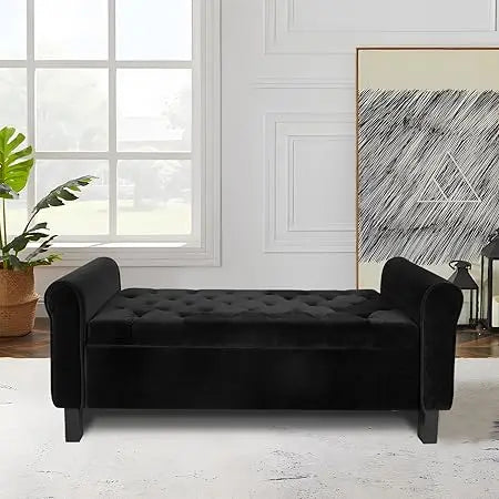 Velvet Upholstered Storage Ottoman Bench – Black Button-Tufted with Arms