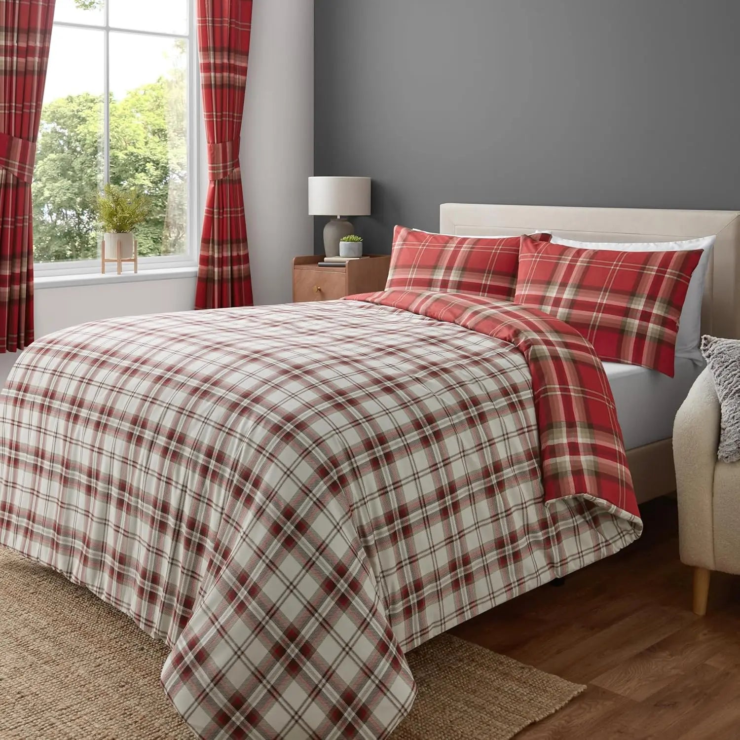 Red Plaid Double-sided Printed Bedding Set, 100% Polyester Quilt Cover Set, Breathable, Soft and Machine Washable
