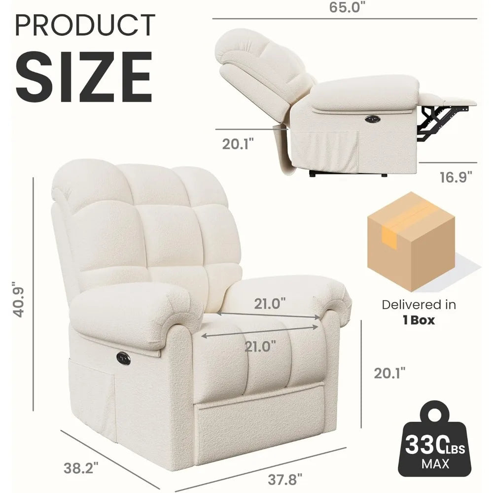 Adjustable Power Recliner Chair, Soft Teddy Electric Recliner Chair, Power Recliners with USB Port, Eco-Certified Small Recliner
