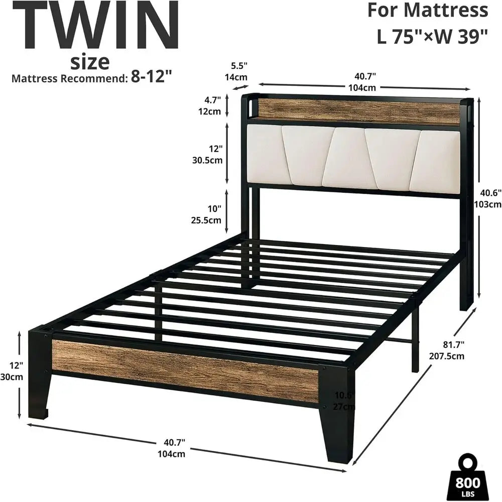 Twin Bed Frame with Storage Headboard & Charging Station – Solid, Noise-Free Platform Bed