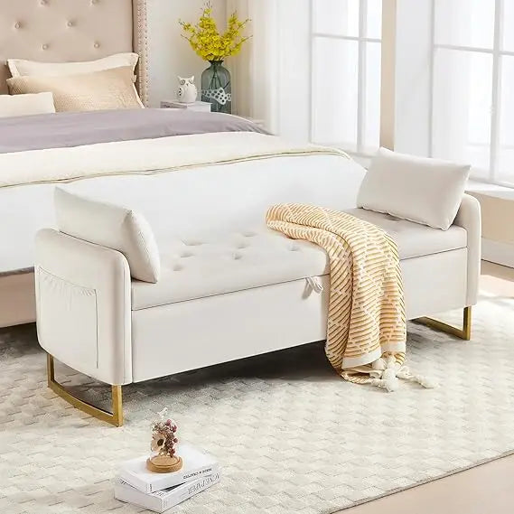 King Size Storage Ottoman Bench – Tufted Upholstery with Gold Legs