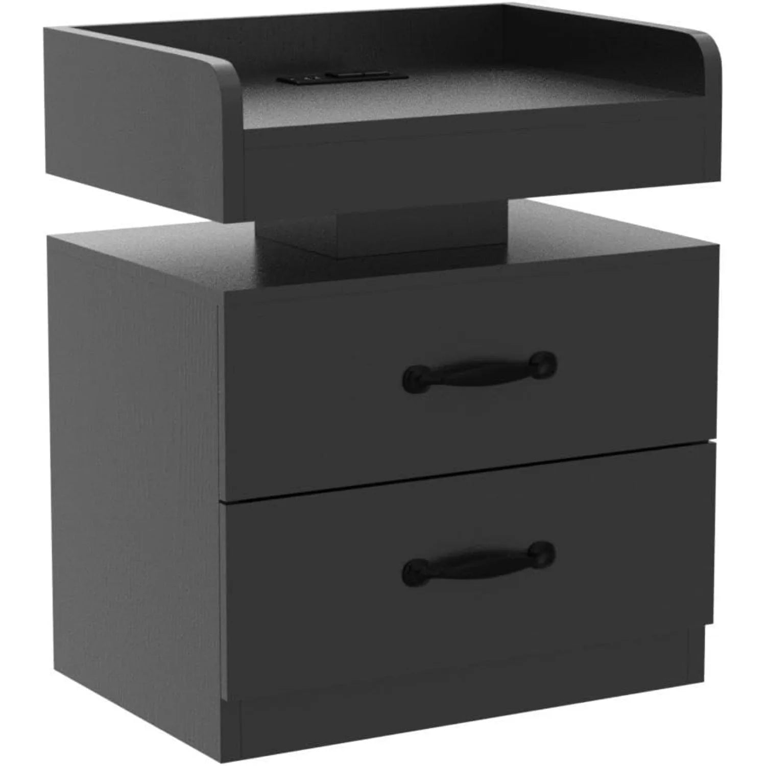 Black Nightstand with Charging Station, Bedside Table for Bedroom, LED Nightstand, Modern Night Stand with Drawers, Black