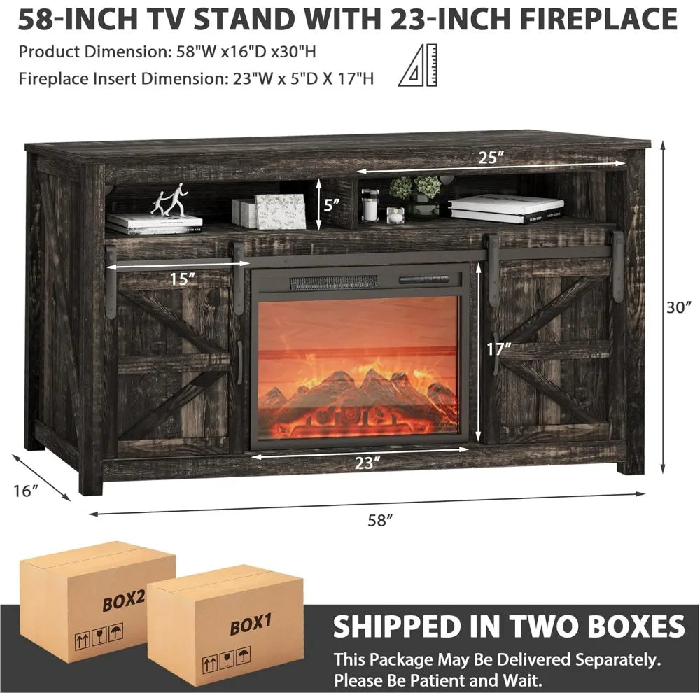 58" Fireplace TV Stand for TVs up to 65", Entertainment Center with Storage, 23" Electric Fireplace Insert Heater with Remote