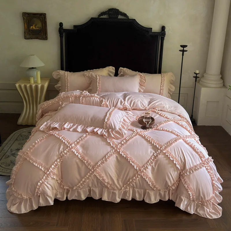 4Pcs French Princess Style Ruffles Bedding Set Double King Queen Size Wedding Bedroom Duvet Cover Flat/Fitted Sheet Pillowcases