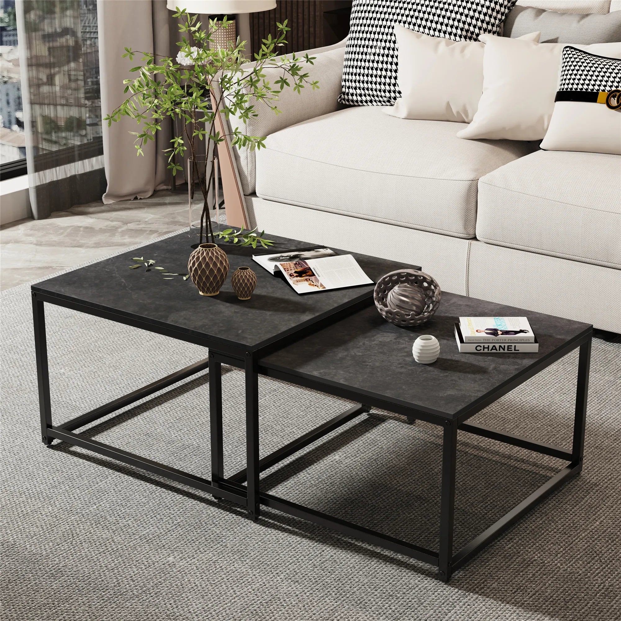 Modern Nesting Coffee Table Set of 2 – Square Marble Stackable Center Tables (White / Black)