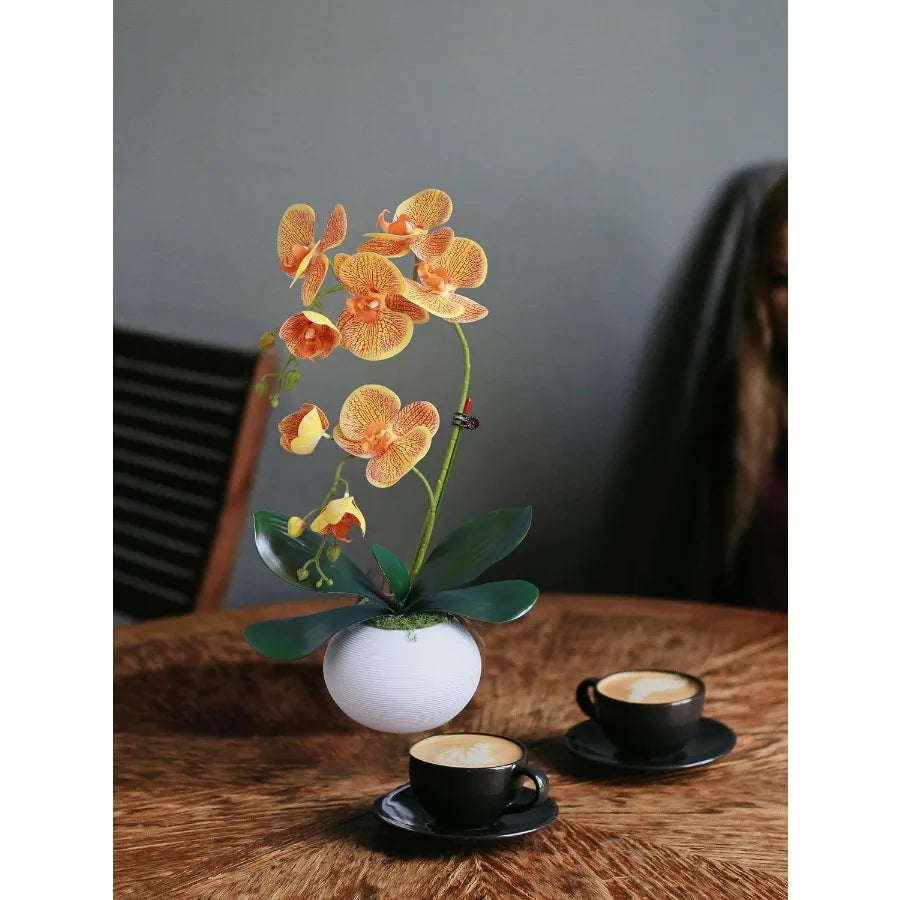 17 Lifelike Orange Artificial Orchids in Pot with Realistic Fake Orchid Arrangement in Vase Perfect for Indoor Home Decor Offic