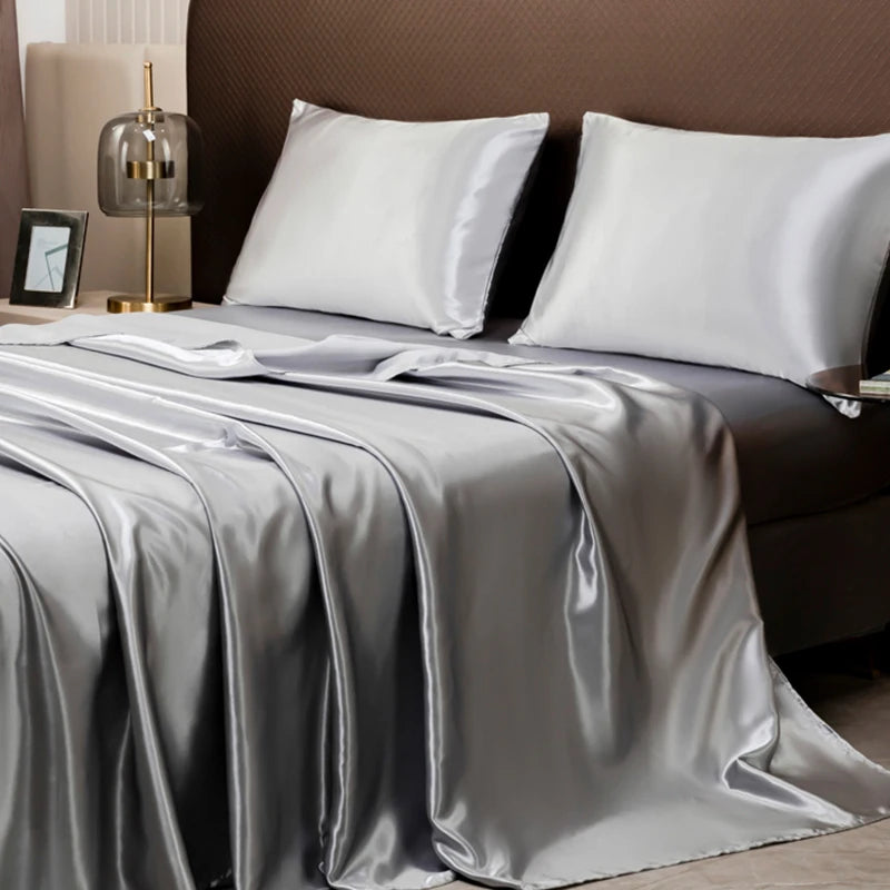 Opulent Solid Color Satin Bedding Set,Includes Flat Sheet, Fitted Sheet, Pillowcases,Luxury Linens for a Royal Sleep Experience