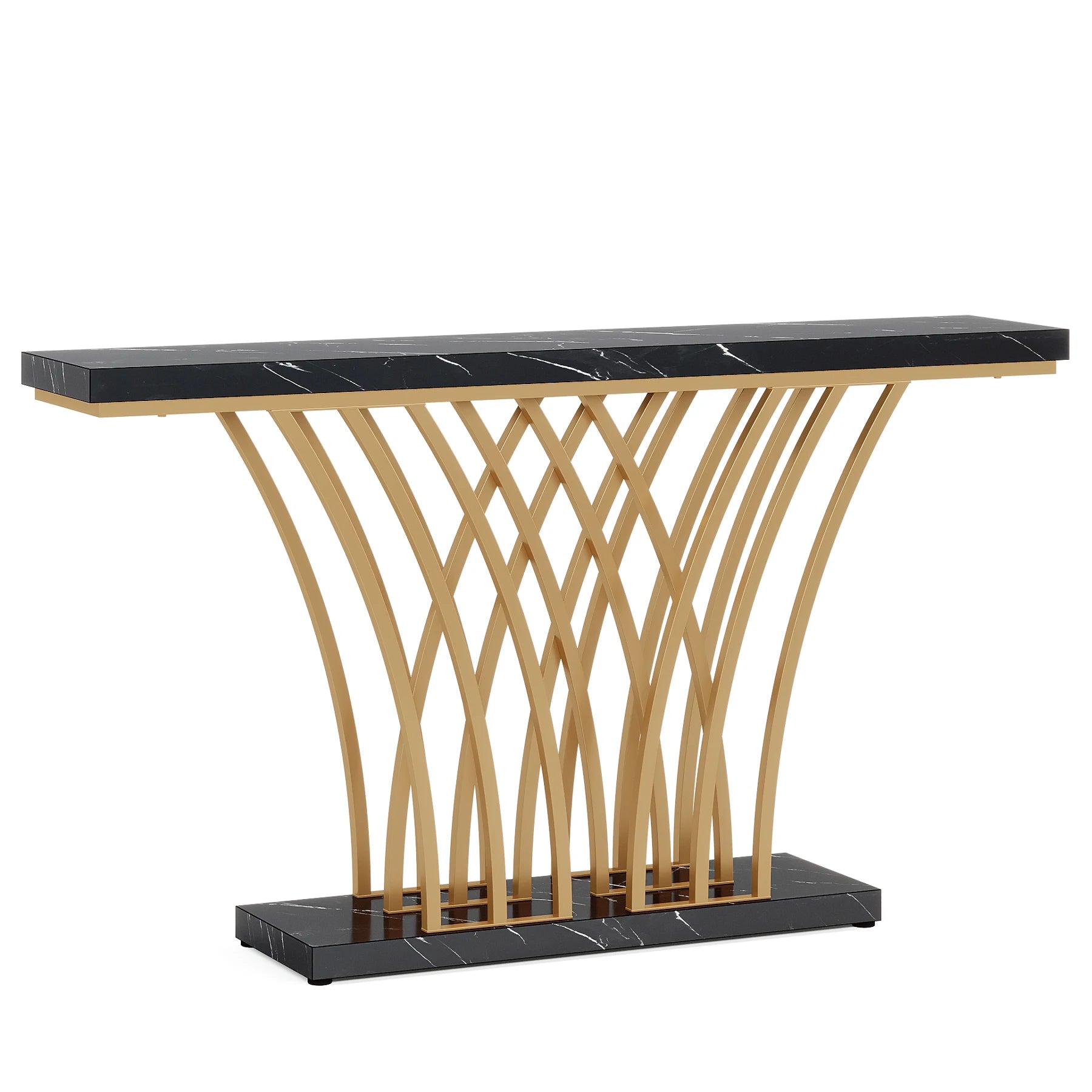 59 inch Gold Console Table, Modern Entryway Table with Grid-Shaped Metal Base for Entrance, Hallway, Entryway