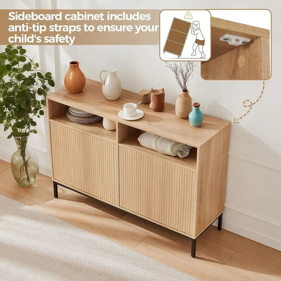 Fluted Sideboard Buffet Cabinet with Storage, Coffee Bar Console Cabinet with 4 Doors and Adjustable Shelves, Modern Wood Creden