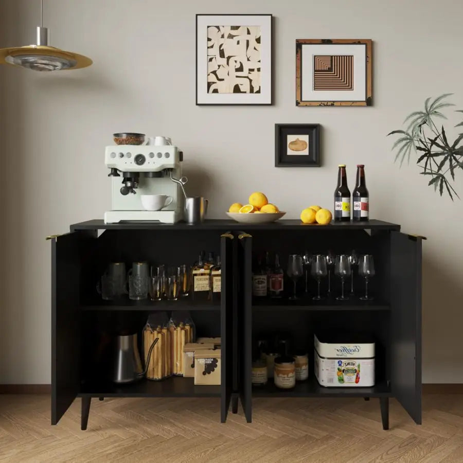 Buffet Cabinet with Storage, Fluted with 4 Doors and Adjustable Shelves, Accent Cabinet with Solid Wood Feet, Sideboard for Kitc