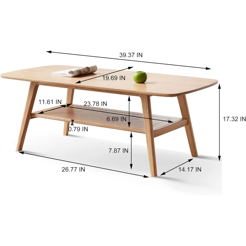 Solid Wood Oak Coffee Table – Mid-Century Modern Center Table with Storage Shelf