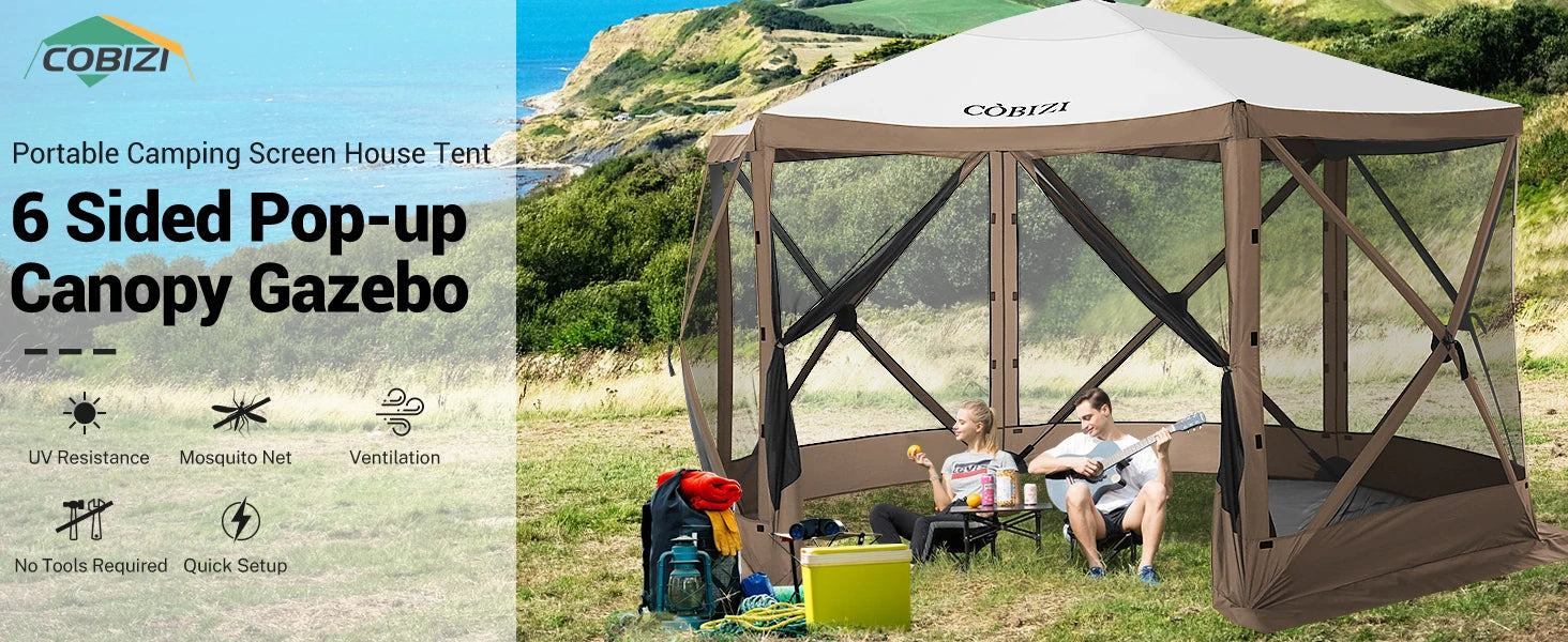 12x12ft Pop up Gazebo Screen House Tent with Mosquito Netting, 6 Sided Pop-up Canopy Shelter Tent Easy-Set Portable Gazebo