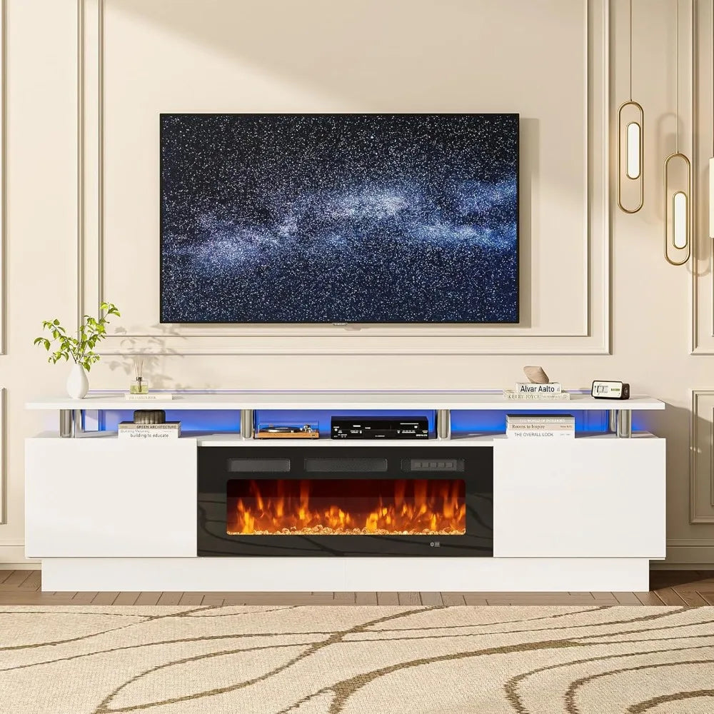 80" Modern Entertainment Center with 36 Inch Electric Fireplace Remote Control LED Light Fire Place - Wood TV Stand