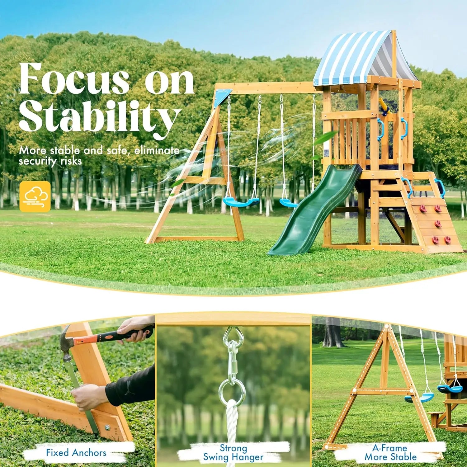 Robotime Robud Wooden Swing Set – Backyard Playset with Slide, Climbing Wall & Fort