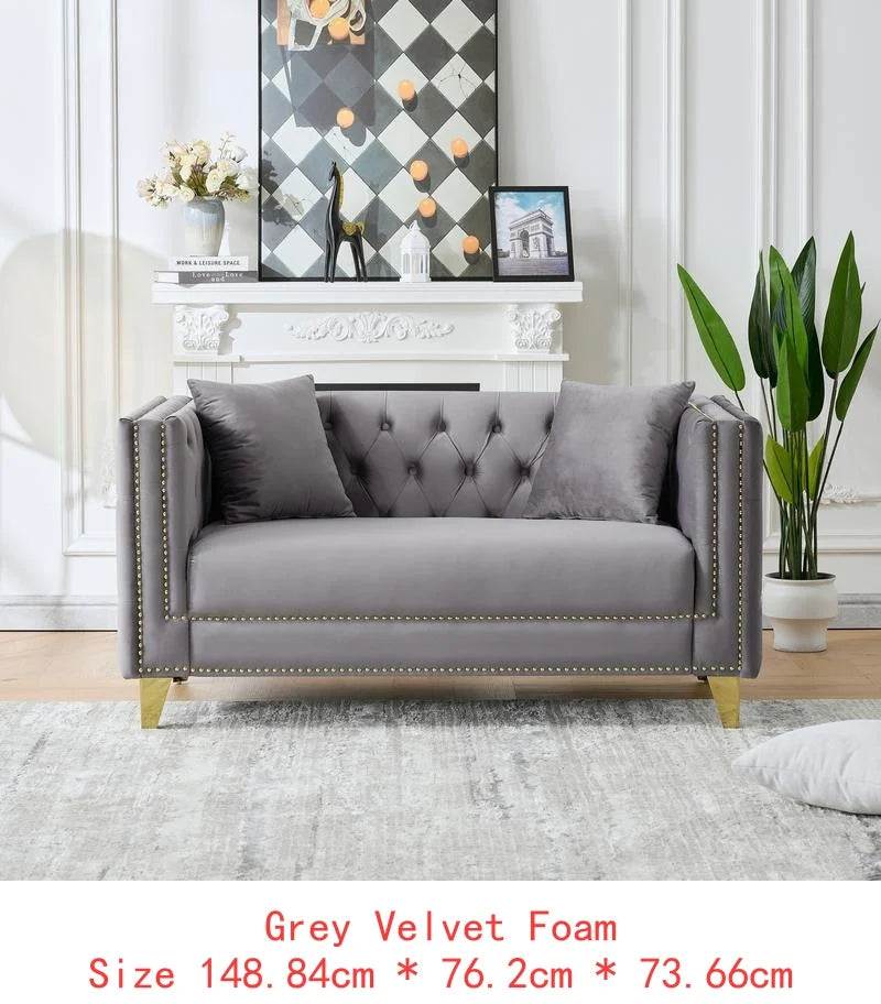 Modern Velvet 3-Seater Sofa with Deep Seat, Button Nailhead Design, Square Arm Couch for Living Room, Bedroom, Office, Beige