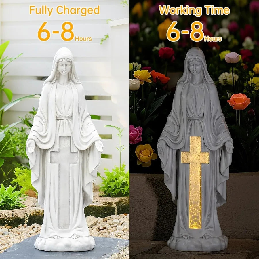 Solar Virgin Mary Praying Statue 27.9 Inch- Outdoor Religious Garden Decor with LED Lights Weather-Resistant Magnesium Oxide Sc