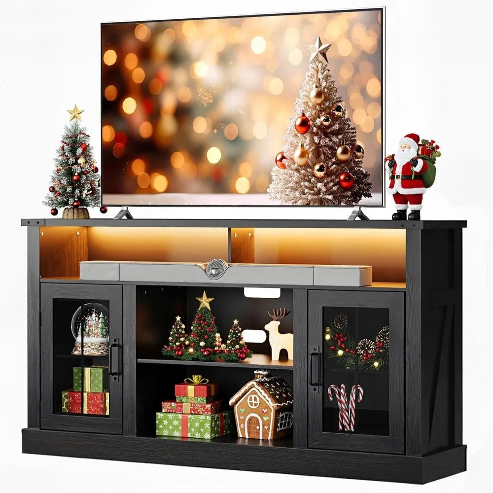 Farmhouse TV Stand for 65 Inch TV, Tall Entertainment Center with LED Lights & Storage Cabinets,
