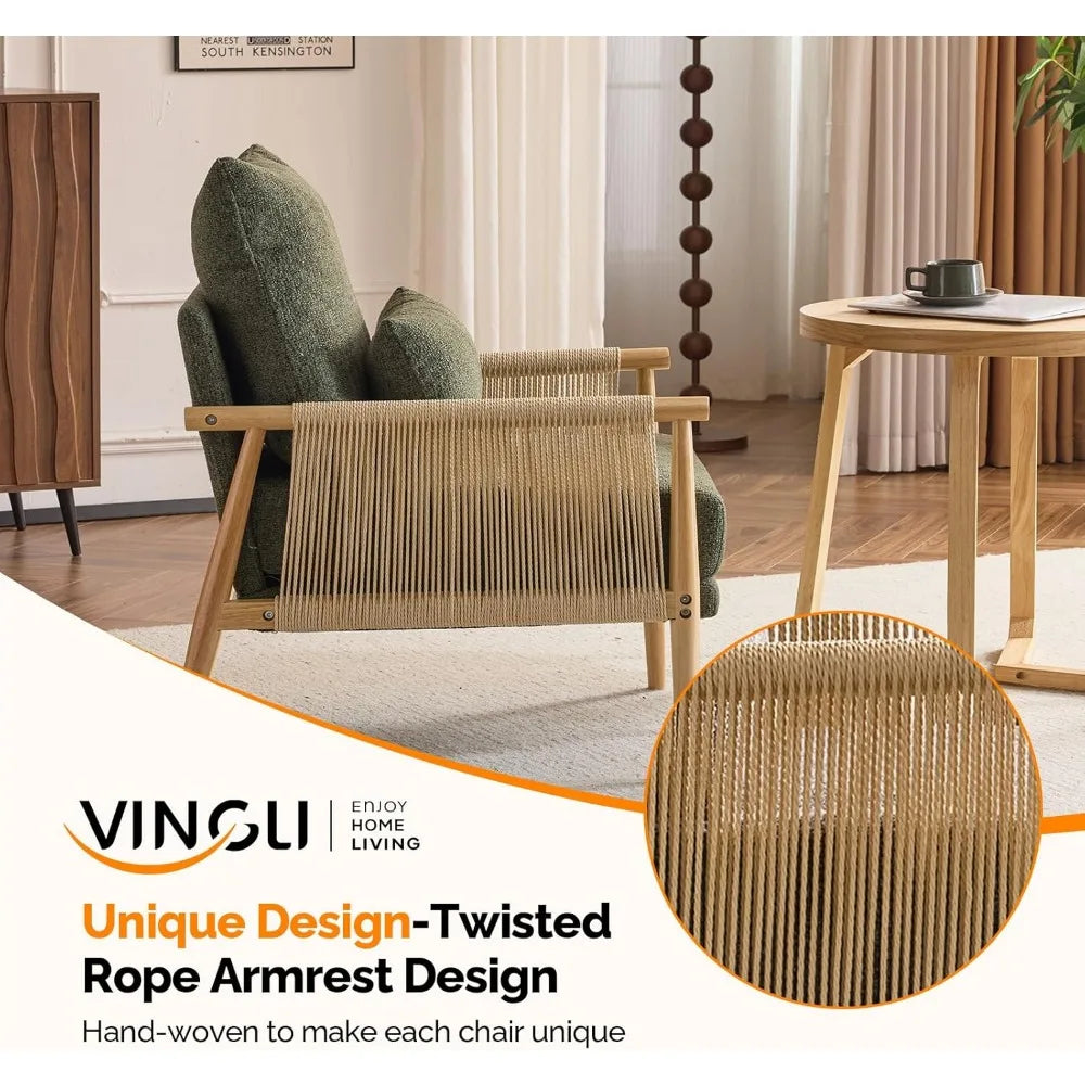 Boho Braid Accent Armchair – Mid-Century Modern Lounge Chair with Waist Pillow
