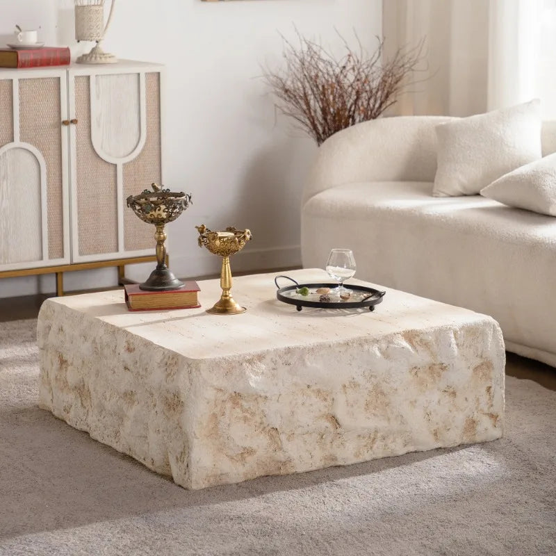 Natural Stone Square Coffee Table – Rustic Solid Stone Tea Table in White for Modern Living Rooms