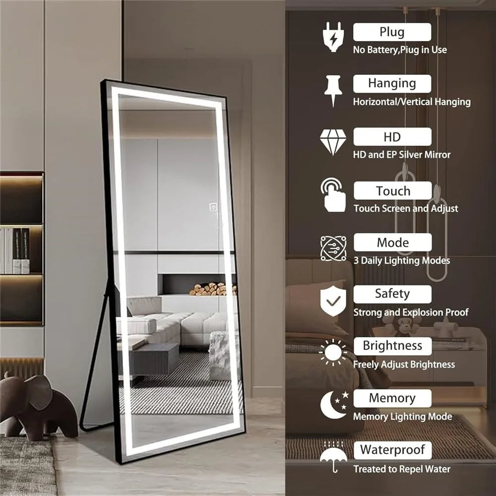 Full Length Mirror with Lights, 65x22 LED Lighted Floor Mirrors Black Aluminum Frame, Full Body Dressing Hanging Dimmable