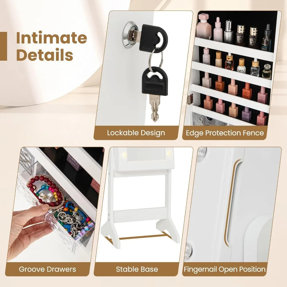 Standing Jewelry Armoire with Lighted Full Length Mirror, Lockable Jewelry Cabinet Organizer with 20 LED Lights