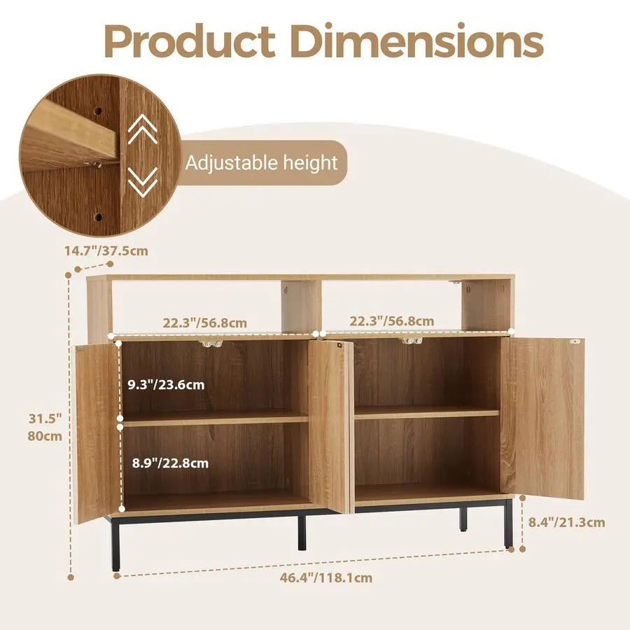 Fluted Sideboard Buffet Cabinet with Storage, Coffee Bar Console Cabinet with 4 Doors and Adjustable Shelves, Modern Wood Creden