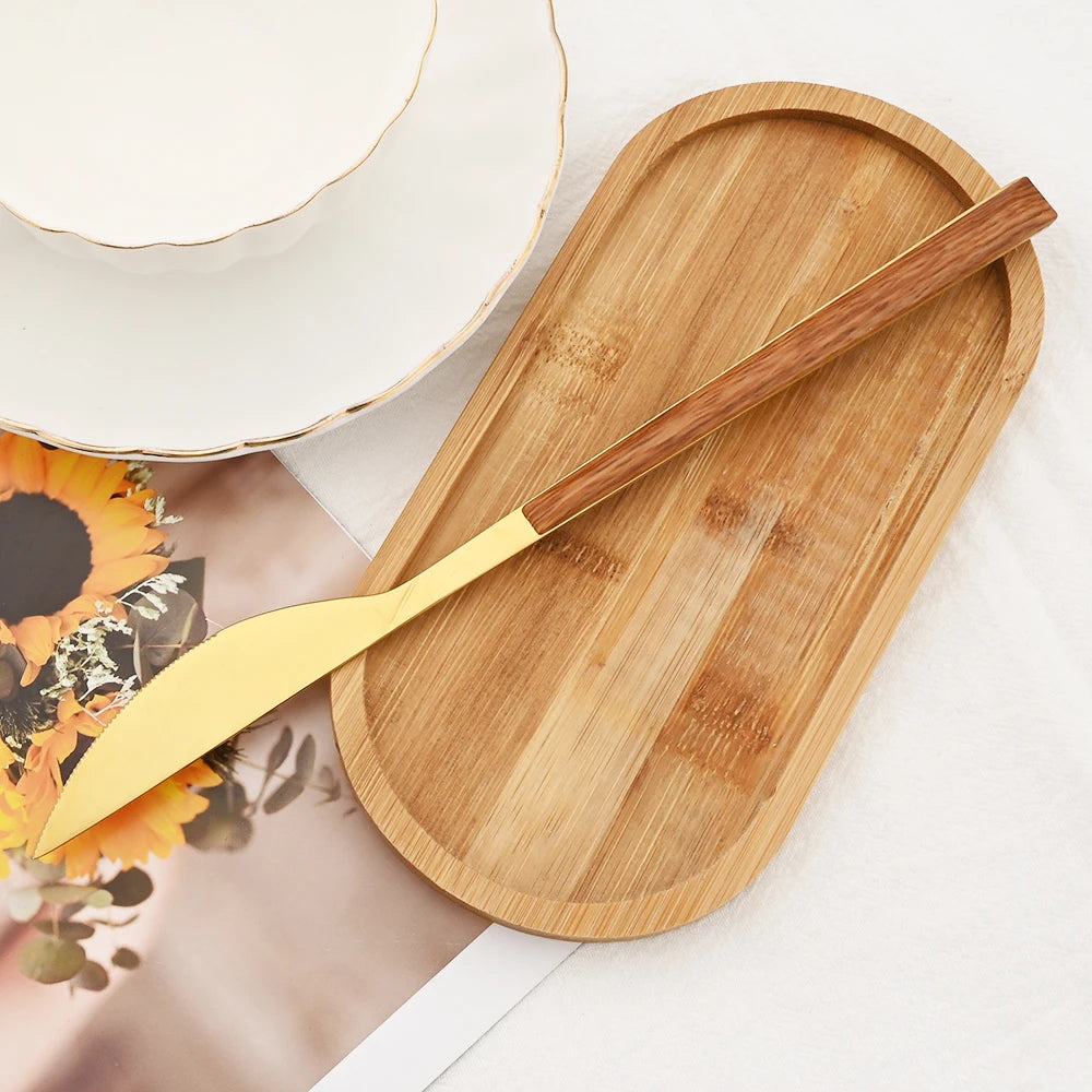 20Pcs Creative Rose Tableware Imitation Wood Handle Cutlery Set Knife Dessert Fork Spoon Dinnerware Set Stainless Steel Flatware