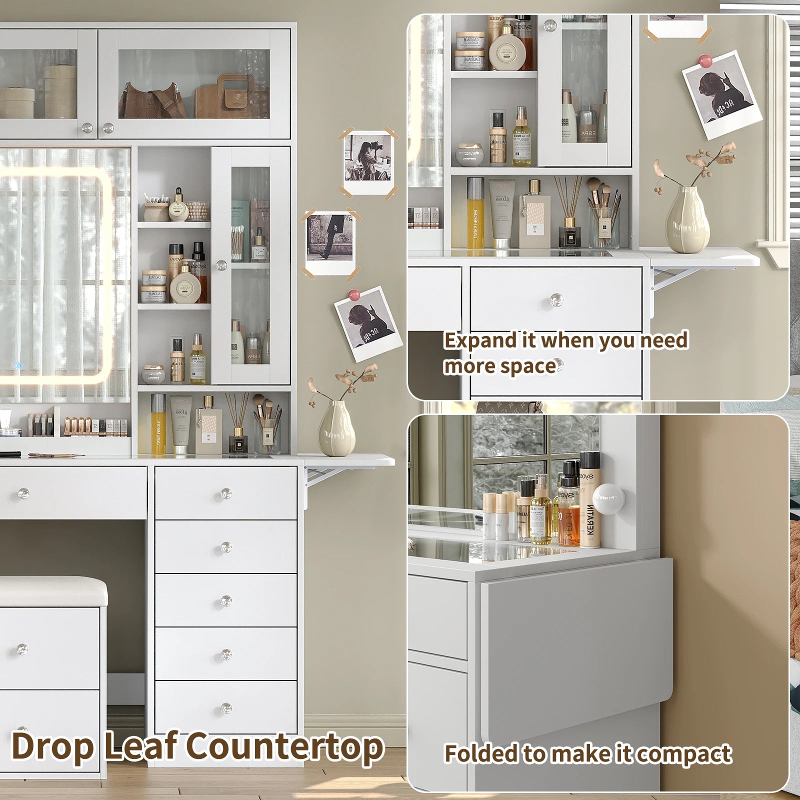 Vanity Desk with Mirror, Lights, Drawers, Stool, White