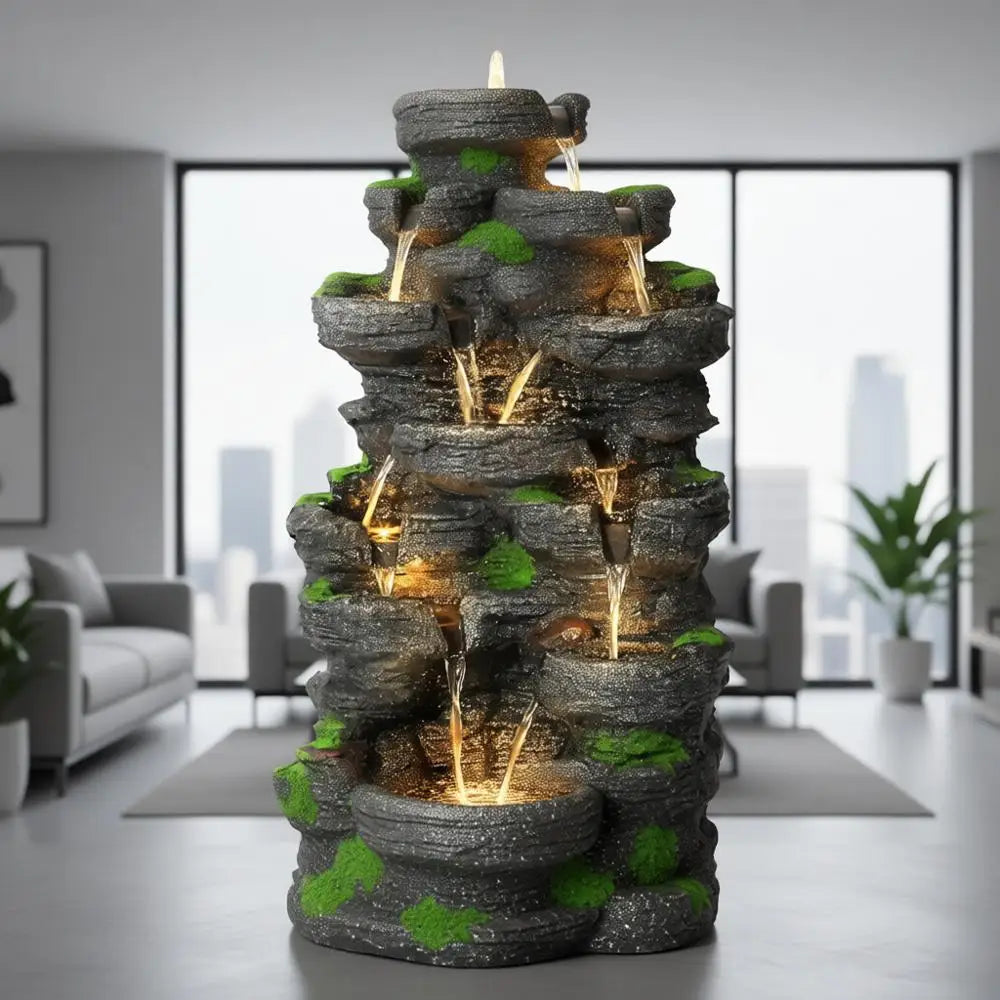 40''H Outdoor Water Fountain - Garden Rock Waterfall Fountains, Outdoor/Indoor Floor Standing Resin Water Fountain with 10 LED L