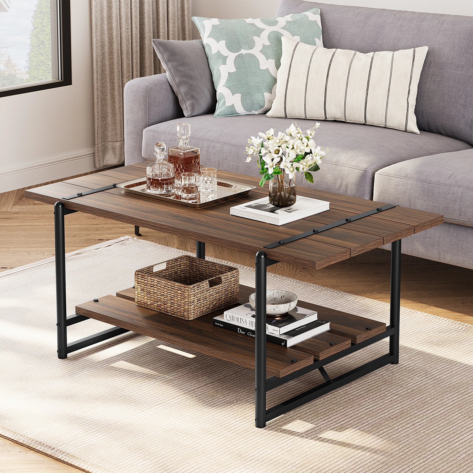 2-Tier Wood Farmhouse Coffee Table with Storage Shelf – Rustic Metal Rectangular Center Table for Living Room