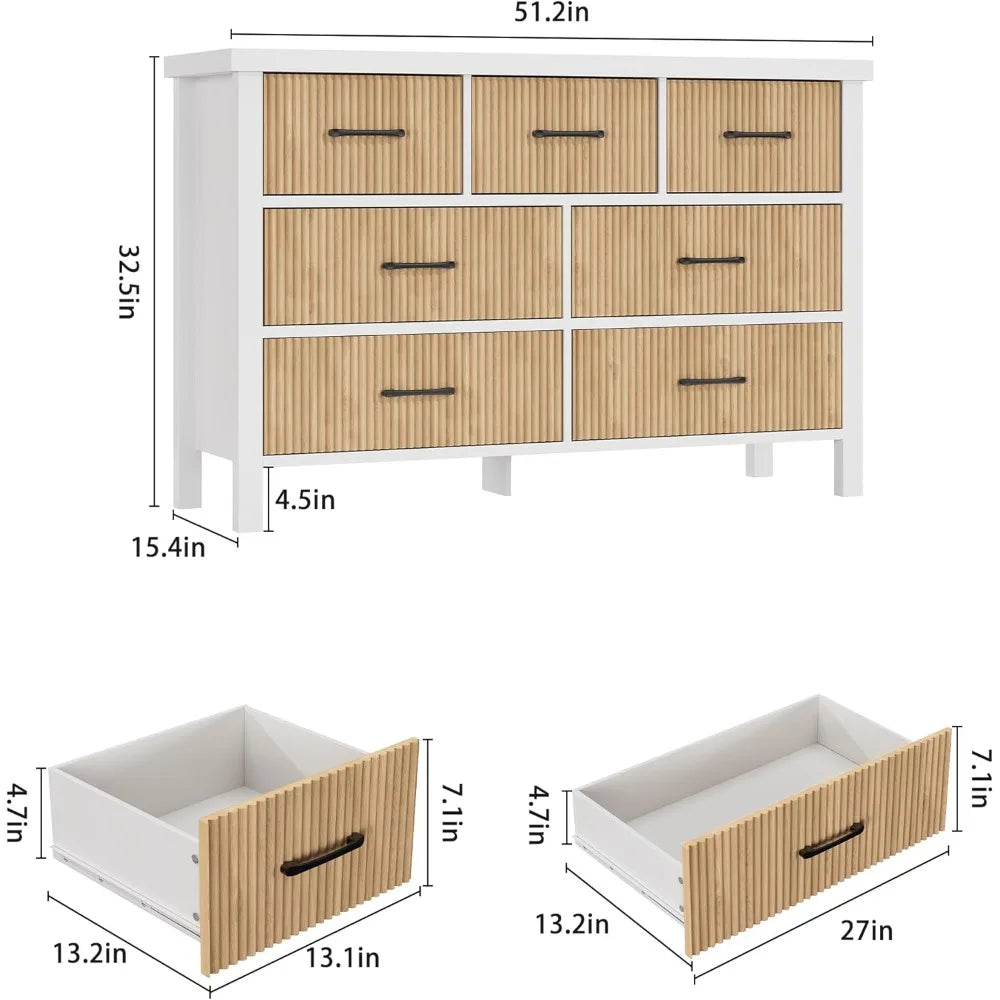 7 Drawer Dresser for Bedroom, Modern Fluted Dresser with Solid Wood Legs, Long Double Wooden Dresser Large Chest