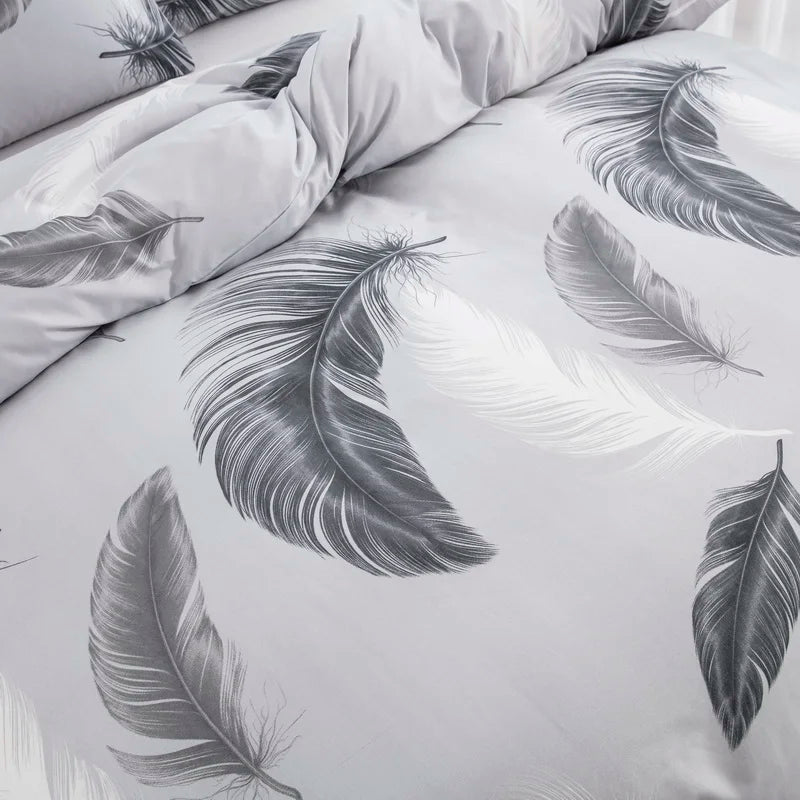 Grey Feather Duvet Cover Full Queen Bird Plume Boho Bedding Set Luxury Soft Reversible White Comforter Cover for Kids Girls Teen