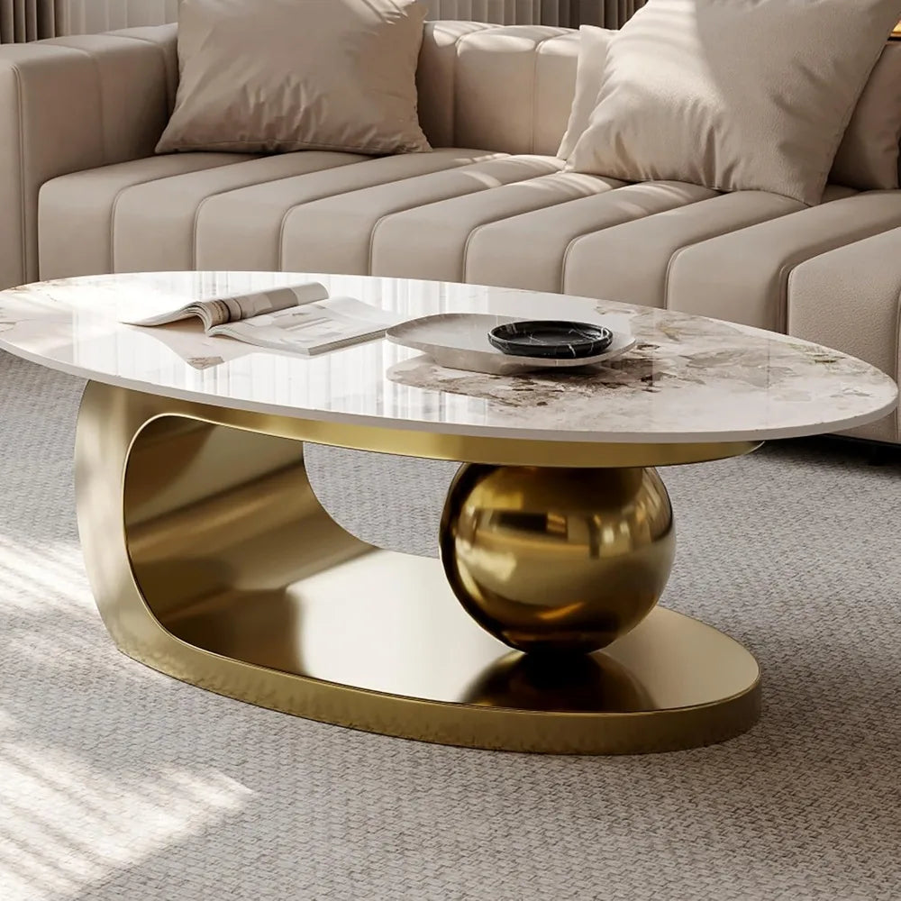 Oval Marble Coffee Table – 51.2” Modern Industrial Center Table with Gold Base