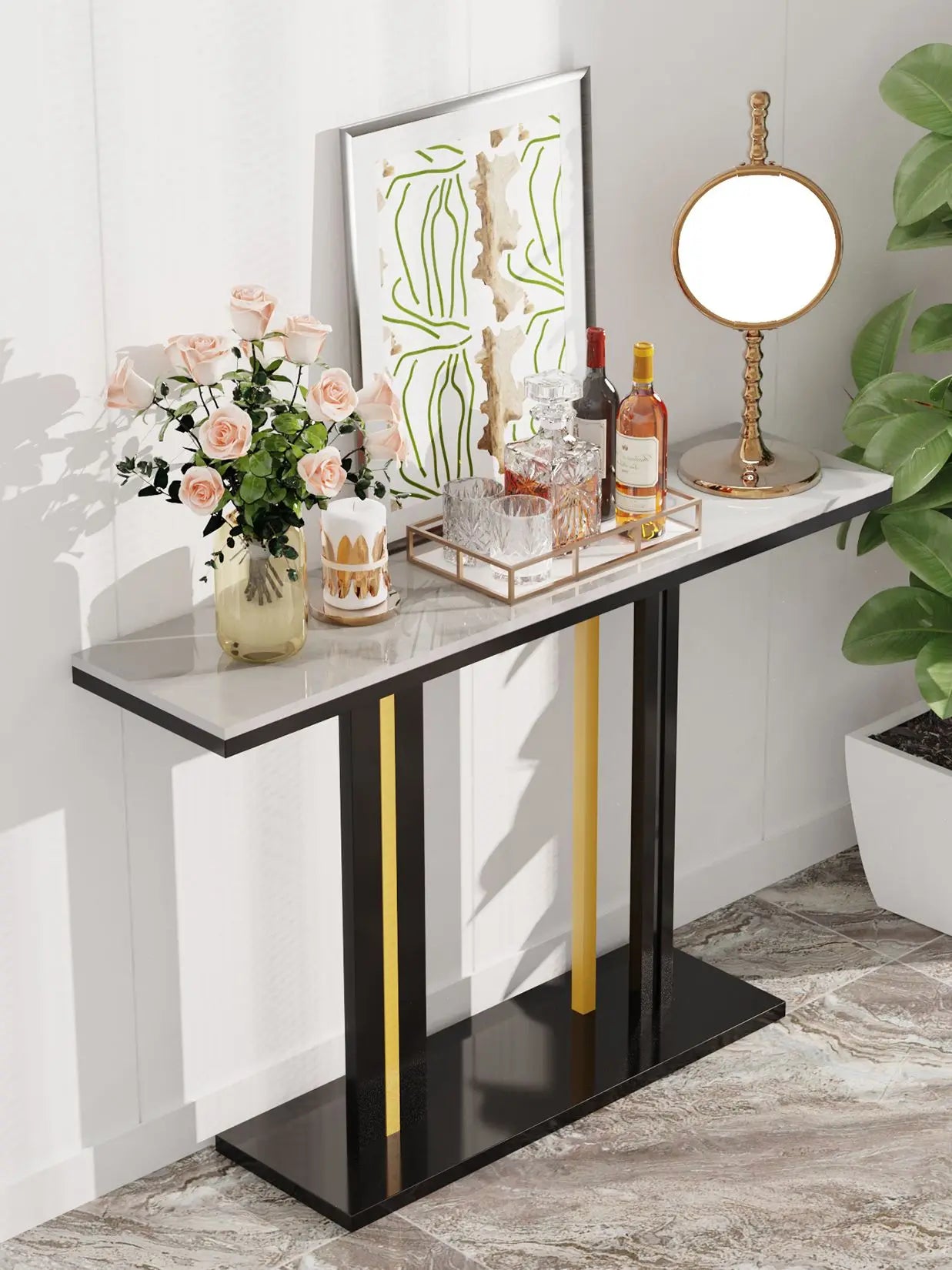 Contemporary Style Console Table with Stone Top and Pedestal Base for Hall Marble Slate Narrow Table Against The Wall Porch