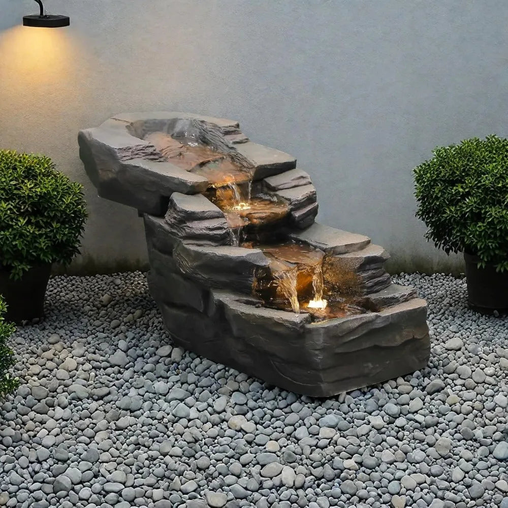 Outdoor Water Fountain 3-Tier Floor Standing Rainforest Rock River Natural Waterfall Fountains with LED Lights for Garden