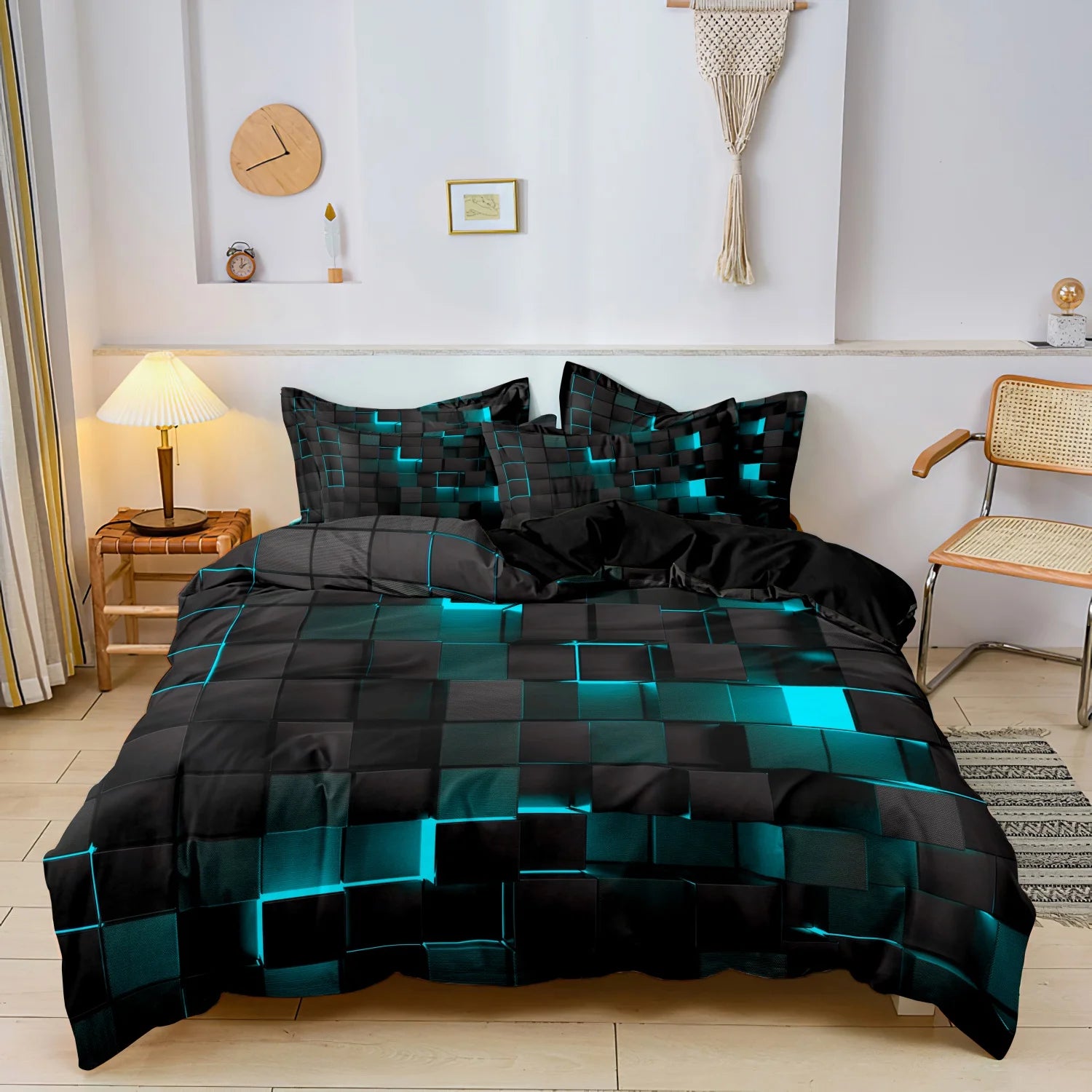 3pcs 3D Digital Print Energy Block Geometric Cube Modern Grid Plaid Checked Bedding Set  Includes 1*Duvet Cover & 2*Pillowcases
